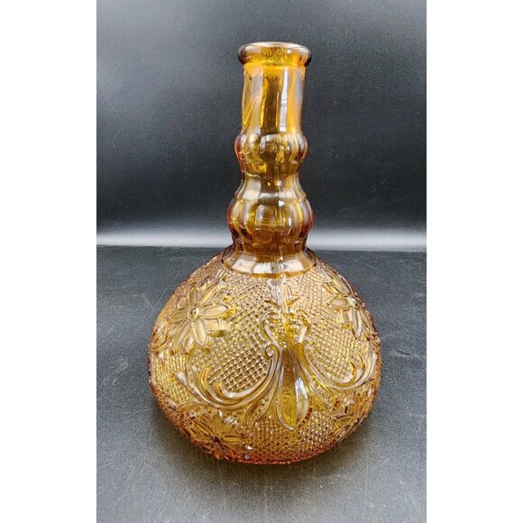 Vintage Clear Amber Squat Decanter Raised Daisy Flower Floral Design MCM - Picture 2 of 8